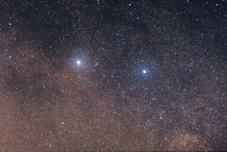 Alpha and Beta Centauri (Proxima Centauri marked in the red circle, nearest star to Earth, after our sun)
