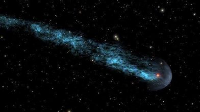 Mira, red star/seed within the shielding bow, with a blue-white 13 light year tail.