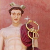 Detail of Mercury/Hermes with the caduceus, and white lily of Annunciation above his shoulder. Photo: Bareld Nijboer, Aug. 2013.