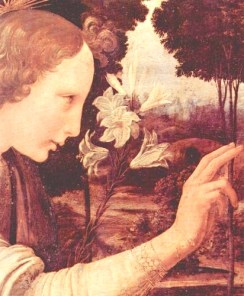 Archangel Gabriel holds the Lily of Inception/immaculate conception, in 'The Annunciation to the Virgin' by Leonardo da Vinci, circa 1472-75.