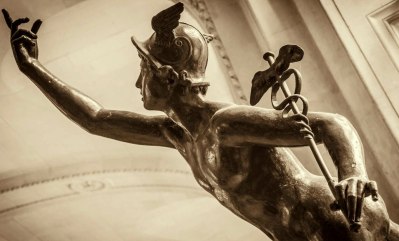 Hermes (Mercury to the Romans) as the divine messenger - which is also the meaning of the word 'angel', from Greek angelos/angeloi.