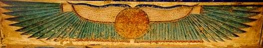 Ra depicted as the Winged Sun, ancient Egyptian painting on stone.