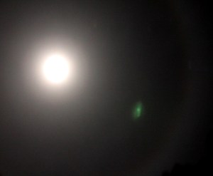 Ship appears as paired lights held within leonine energy in Bareld's photo, 27th July, 2015.