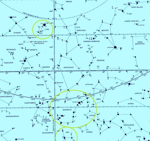 Star chart with Lyra, Scorpius and Ara circled in green (Lyra north of celestial equator & Scorpius and Ara south).